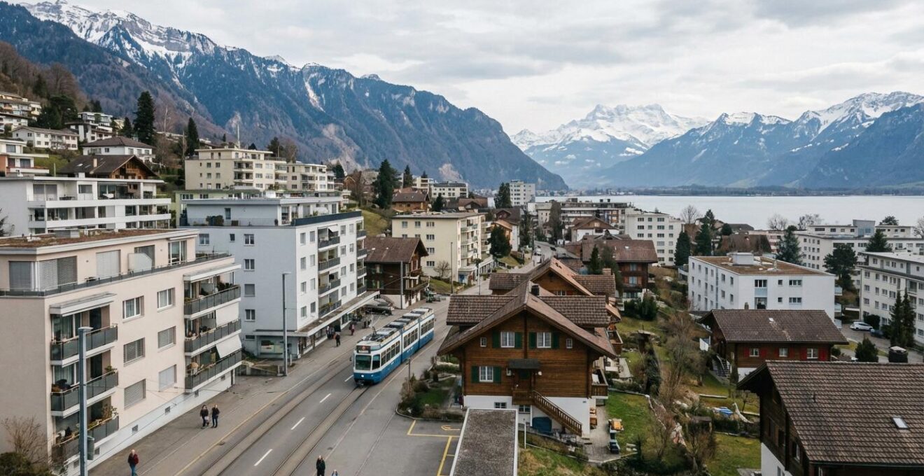 Vue panoramique sur une ville suisse avec immeubles résidentiels et montagnes, illustrant le marché immobilier suisse