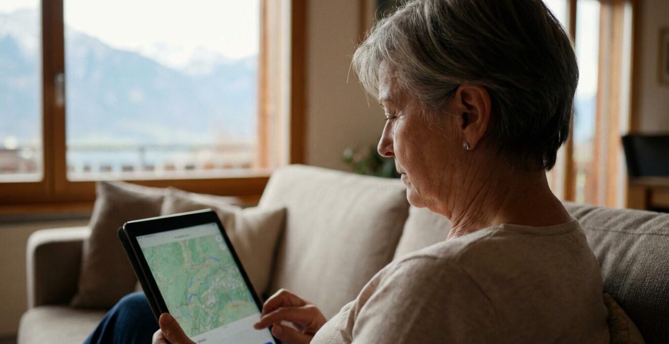 Personne consultant une estimation immobilière sur tablette dans un salon suisse avec vue sur les montagnes