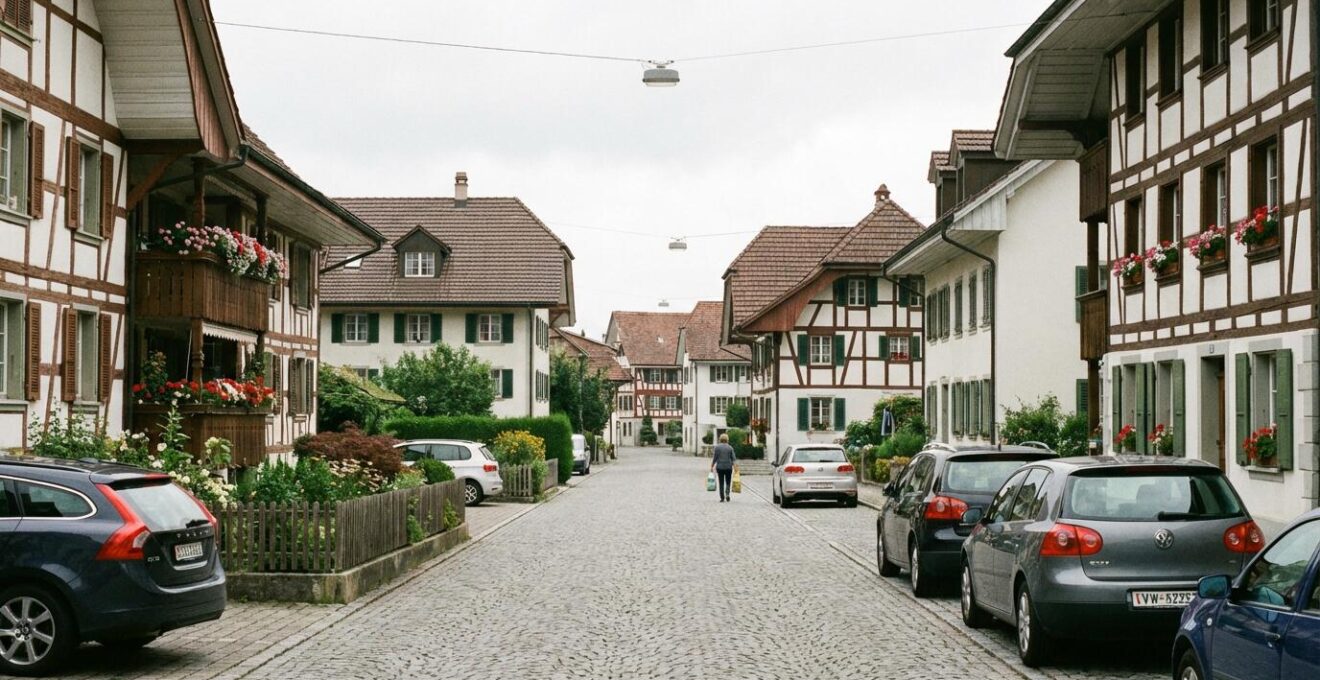 Quartier résidentiel suisse typique avec maisons individuelles et immeubles illustrant la diversité du marché immobilier