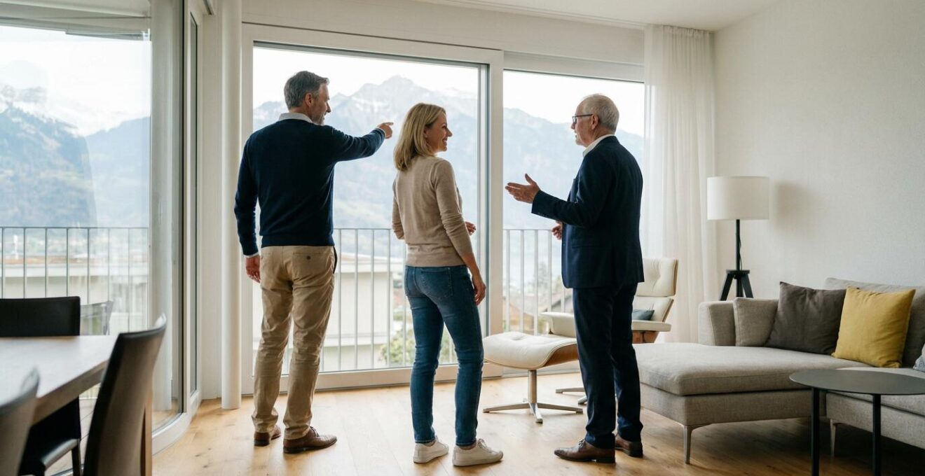Couple visitant un appartement moderne en Suisse avec vue sur les Alpes pour évaluer le prix immobilier