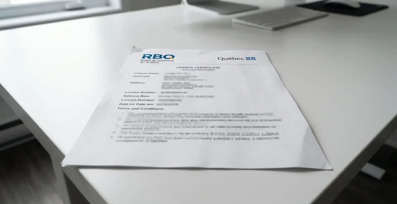 Gros plan sur un certificat officiel de licence de la Régie du bâtiment du Québec posé sur une surface de bureau contemporaine blanche, en-tête RBQ visible mais texte rendu illisible, éclairage naturel latéral