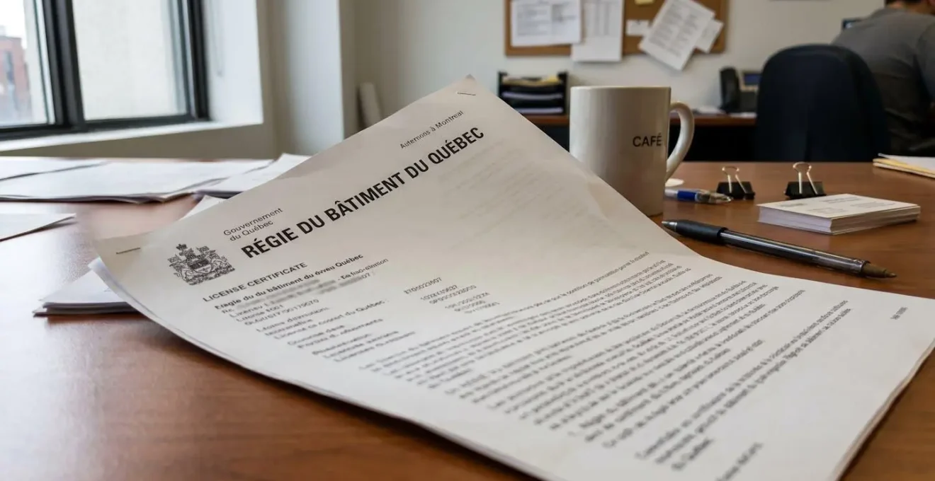 Gros plan sur un certificat officiel de licence de la Régie du bâtiment du Québec posé sur une surface de bureau contemporaine blanche, en-tête RBQ visible mais texte rendu illisible, éclairage naturel latéral