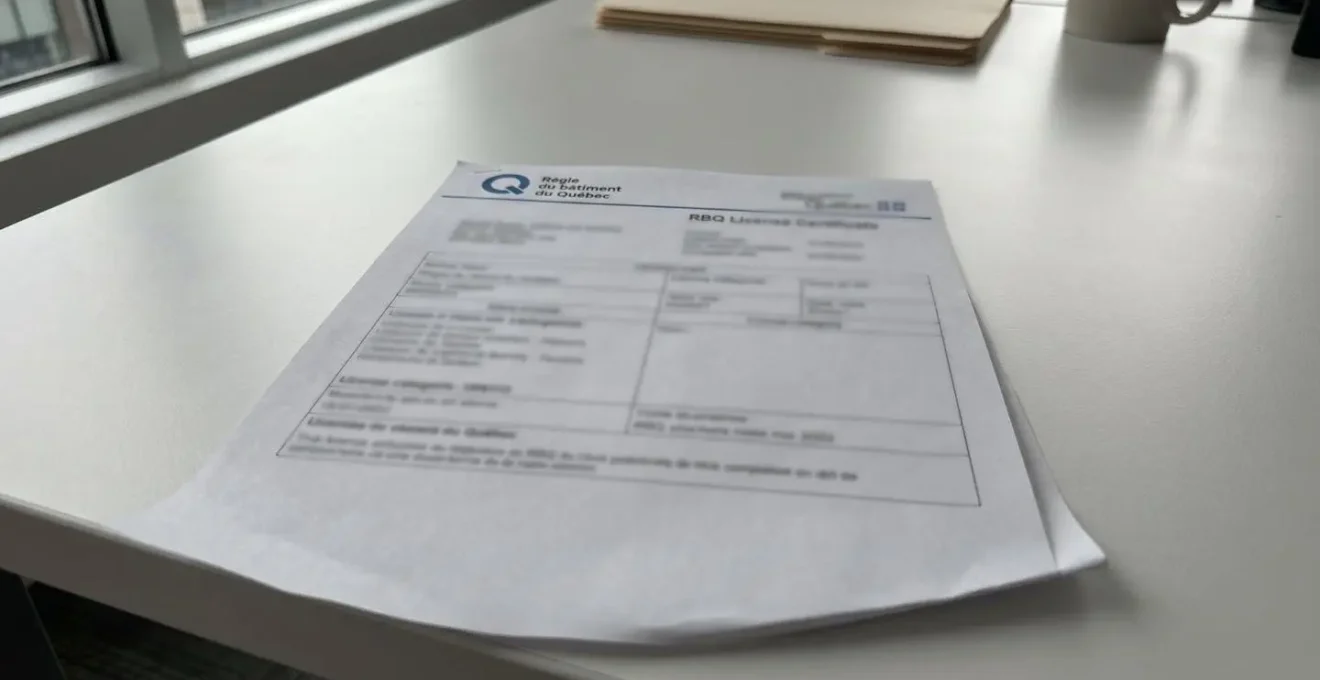 Gros plan sur un certificat officiel de licence de la Régie du bâtiment du Québec posé sur une surface de bureau contemporaine blanche, en-tête RBQ visible mais texte rendu illisible, éclairage naturel latéral
