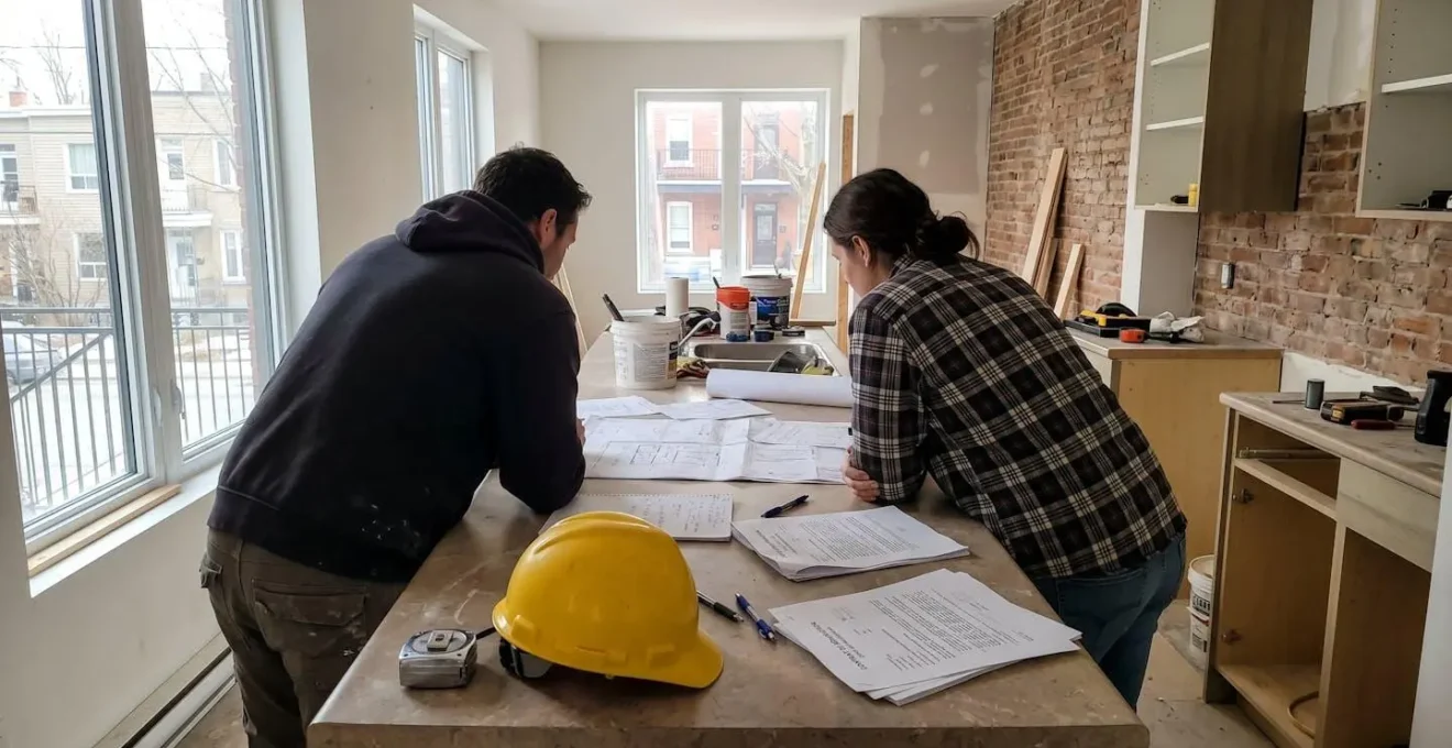 Un couple vu de dos examine des plans de rénovation et des documents contractuels étalés sur un comptoir de cuisine dans une résidence montréalaise en cours de travaux, lumière naturelle du matin