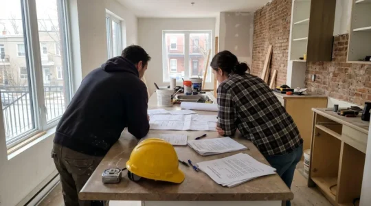 Un couple vu de dos examine des plans de rénovation et des documents contractuels étalés sur un comptoir de cuisine dans une résidence montréalaise en cours de travaux, lumière naturelle du matin