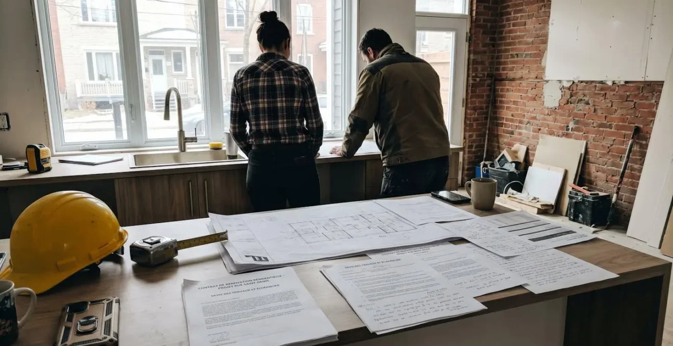Un couple vu de dos examine des plans de rénovation et des documents contractuels étalés sur un comptoir de cuisine dans une résidence montréalaise en cours de travaux, lumière naturelle du matin