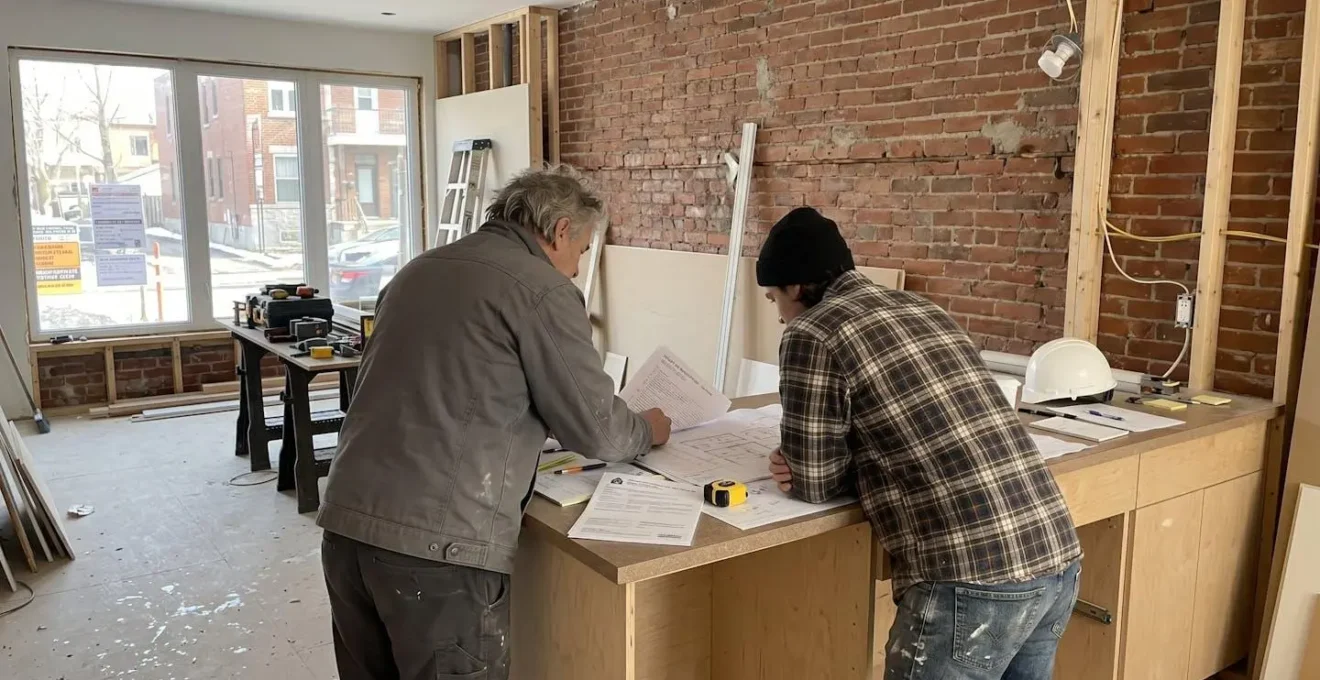 Un couple vu de dos examine des plans de rénovation et des documents contractuels étalés sur un comptoir de cuisine dans une résidence montréalaise en cours de travaux, lumière naturelle du matin