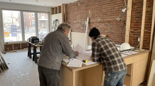 Un couple vu de dos examine des plans de rénovation et des documents contractuels étalés sur un comptoir de cuisine dans une résidence montréalaise en cours de travaux, lumière naturelle du matin