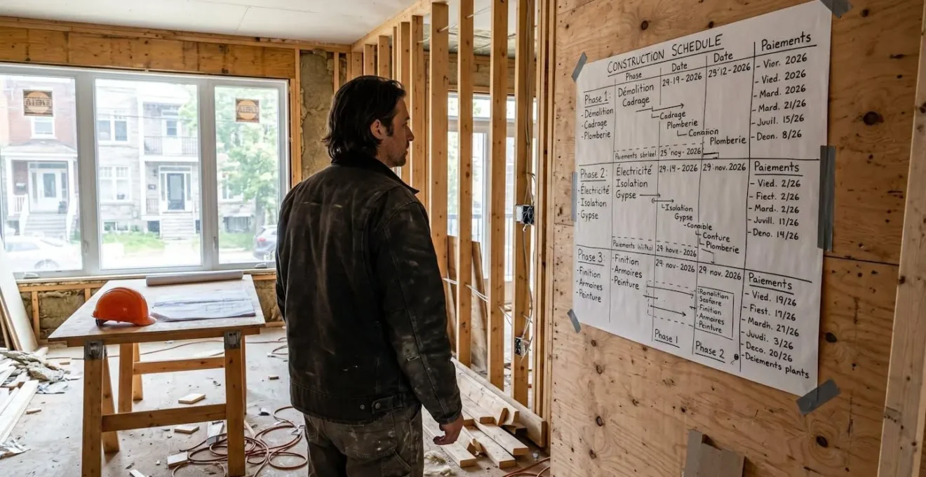 Une personne de profil consulte un grand tableau de planification de chantier fixé au mur indiquant phases de travaux et jalons de paiement, maison montréalaise en rénovation avec murs à colombages exposés en arrière-plan