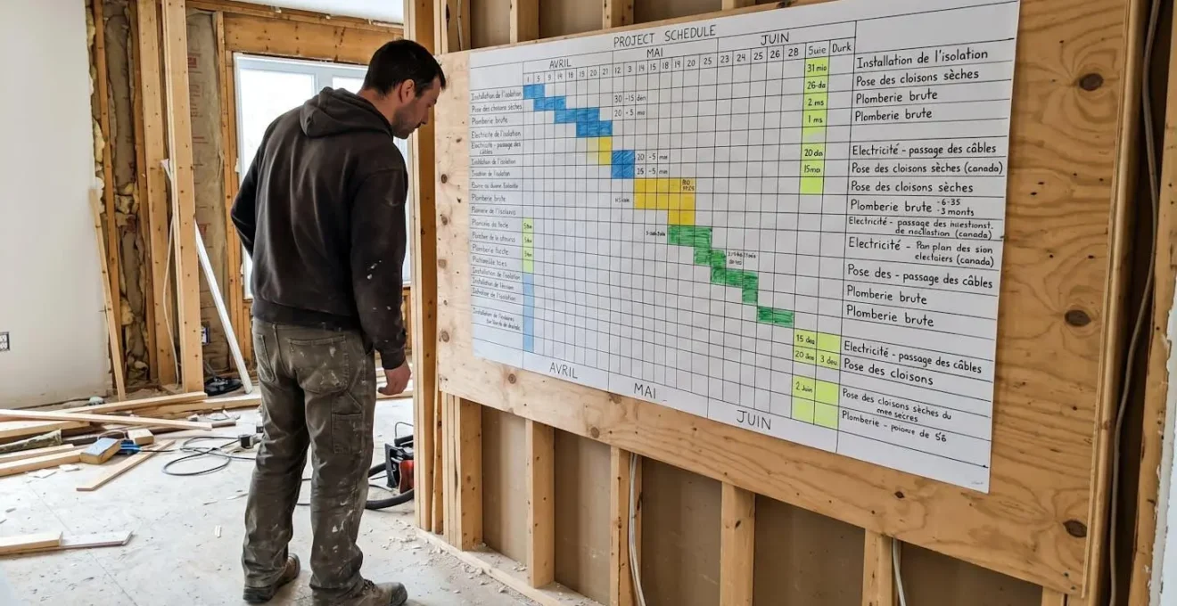 Une personne de profil consulte un grand tableau de planification de chantier fixé au mur indiquant phases de travaux et jalons de paiement, maison montréalaise en rénovation avec murs à colombages exposés en arrière-plan