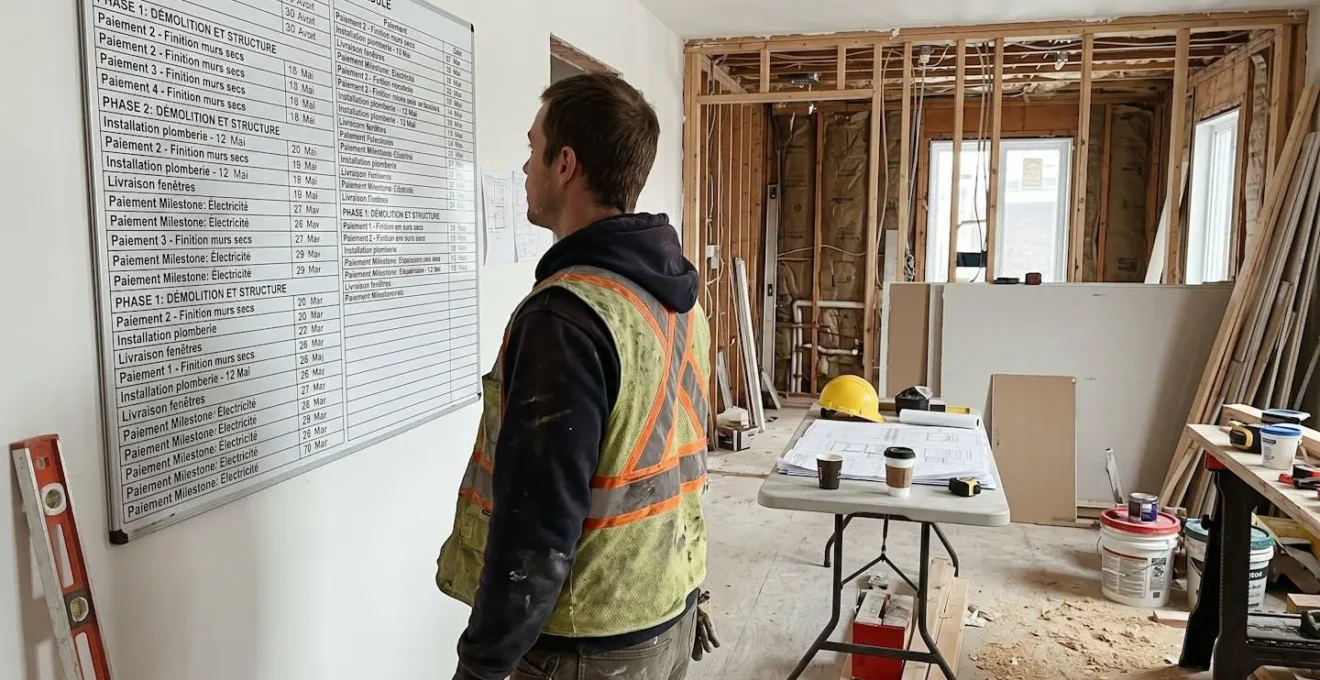 Une personne de profil consulte un grand tableau de planification de chantier fixé au mur indiquant phases de travaux et jalons de paiement, maison montréalaise en rénovation avec murs à colombages exposés en arrière-plan