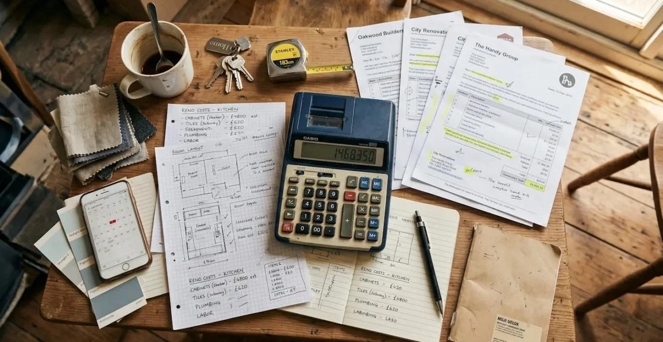 Vue aérienne d'une table de travail avec des devis de rénovation, une calculatrice et des notes manuscrites