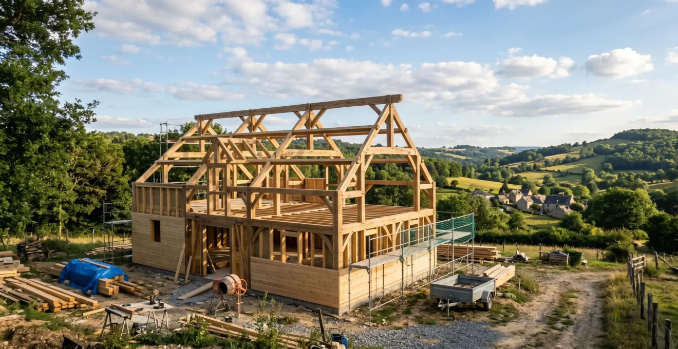 Structure de charpente d'une maison en cours de construction en Corrèze, ciel bleu et collines en arrière-plan