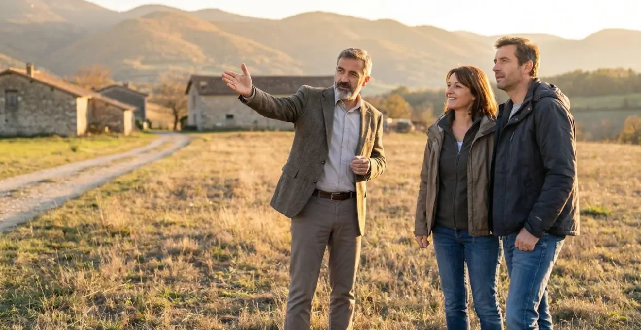 Conseiller d'un constructeur en visite de terrain avec un couple en Isère