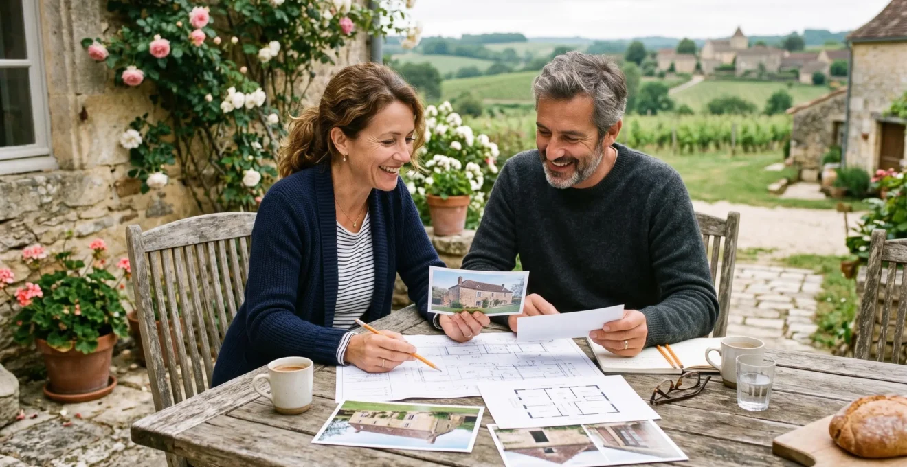 Couple étudiant des plans de construction et des photos de maison ancienne en Corrèze