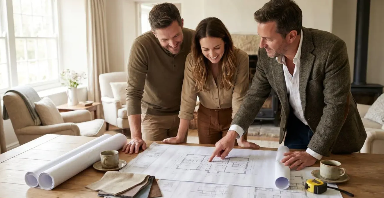 Couple consultant des plans de maison individuelle avec un conseiller en Isère