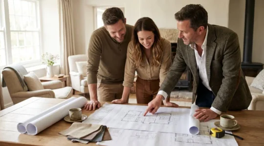 Couple consultant des plans de maison individuelle avec un conseiller en Isère