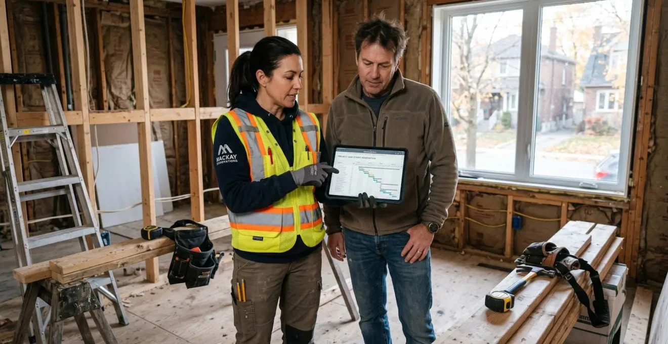 Entrepreneur et propriétaire debout sur un chantier résidentiel, consultant un calendrier de travaux sur tablette