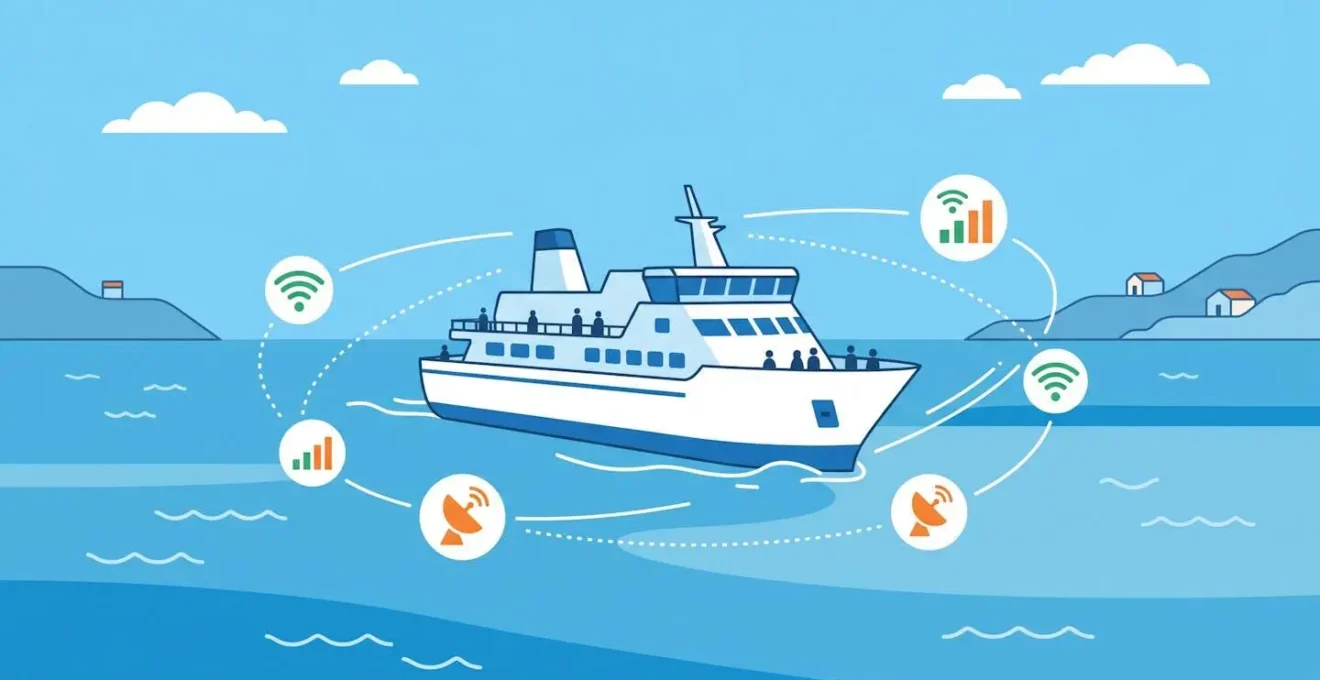 Ferry en Méditerranée avec symboles de connectivité autour du navire