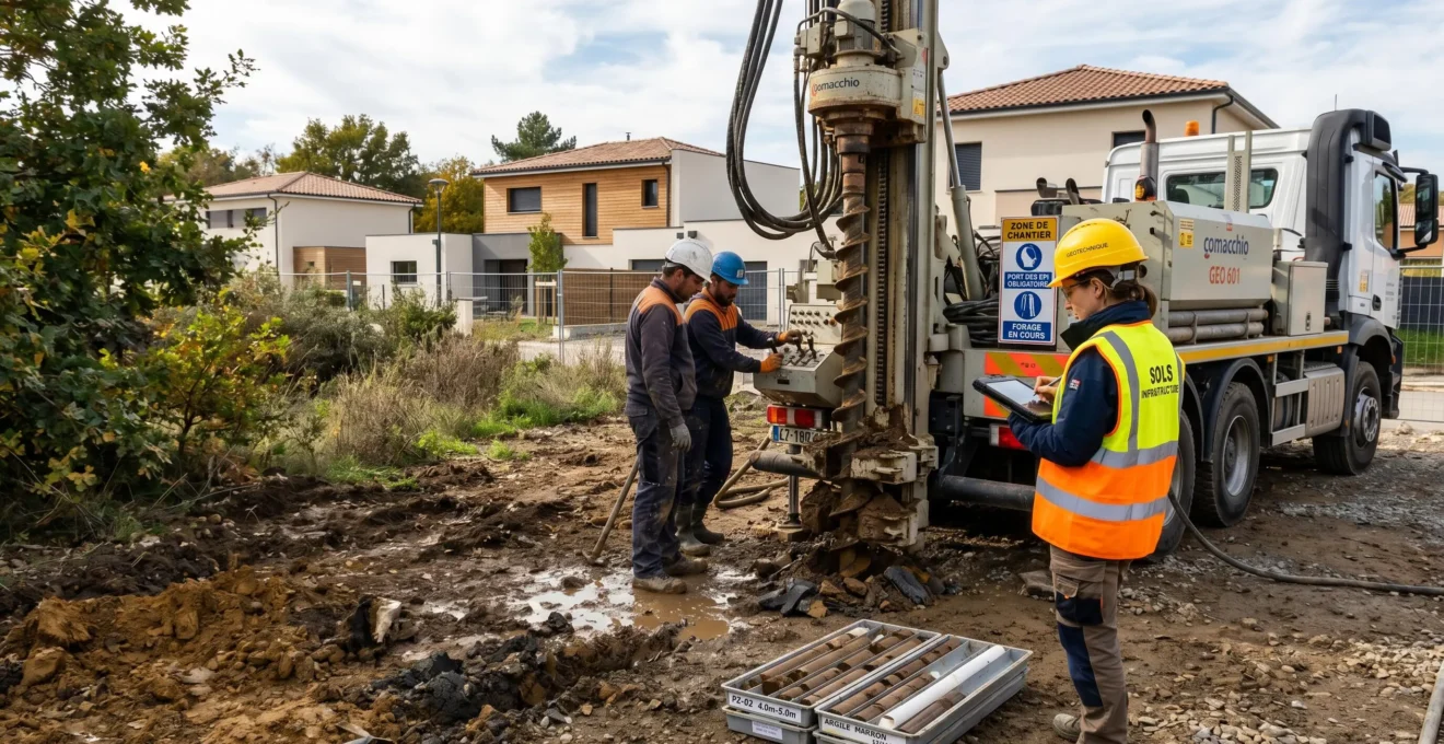 Géotechnicien en équipement de sécurité supervisant un sondage de sol à la tarière sur un chantier de construction en France, matériel d'investigation géotechnique professionnel visible au premier plan