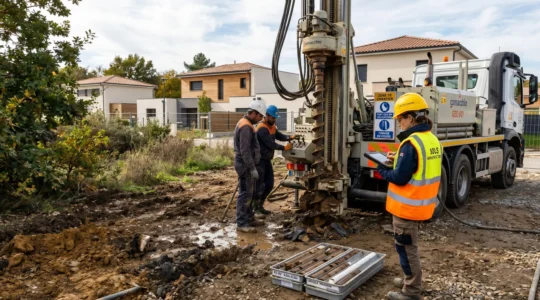 Géotechnicien en équipement de sécurité supervisant un sondage de sol à la tarière sur un chantier de construction en France, matériel d'investigation géotechnique professionnel visible au premier plan