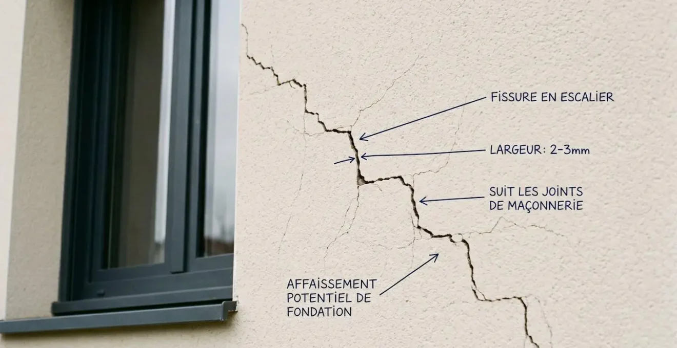 Gros plan sur fissure structurelle en escalier de 2-3 mm de largeur suivant les joints de maçonnerie sur façade de maison française contemporaine avec enduit clair, annotations en français indiquant la direction et la largeur de la fissure