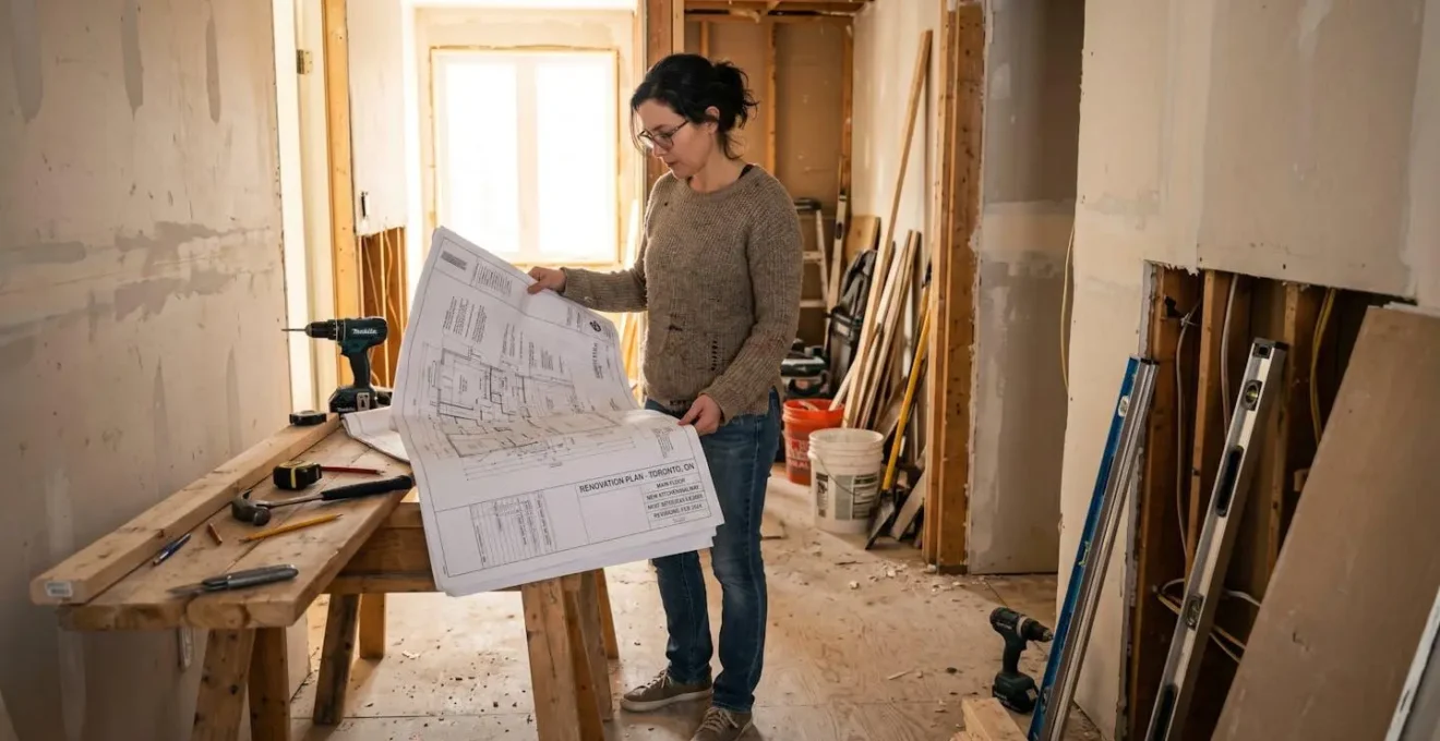 Propriétaire debout dans un couloir en chantier, examinant des plans de rénovation dépliés