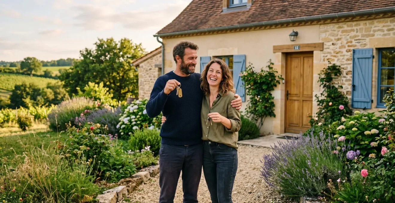 Couple recevant les clés de leur maison neuve en Corrèze, debout devant la porte d'entrée