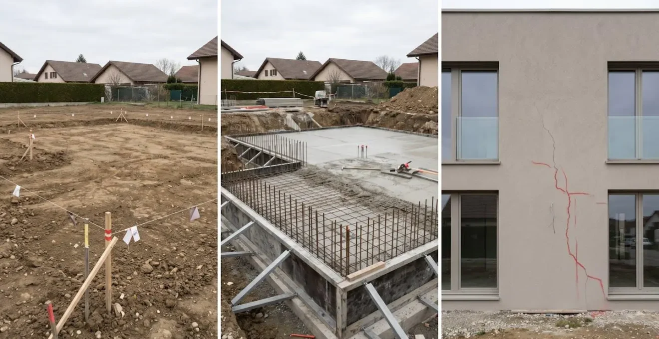 Séquence en trois étapes montrant l'évolution d'un terrain de construction : terrain vierge avec piquets de géomètre, chantier de fondations avec armatures béton, et maison terminée présentant une fissure structurelle marquée pour diagnostic