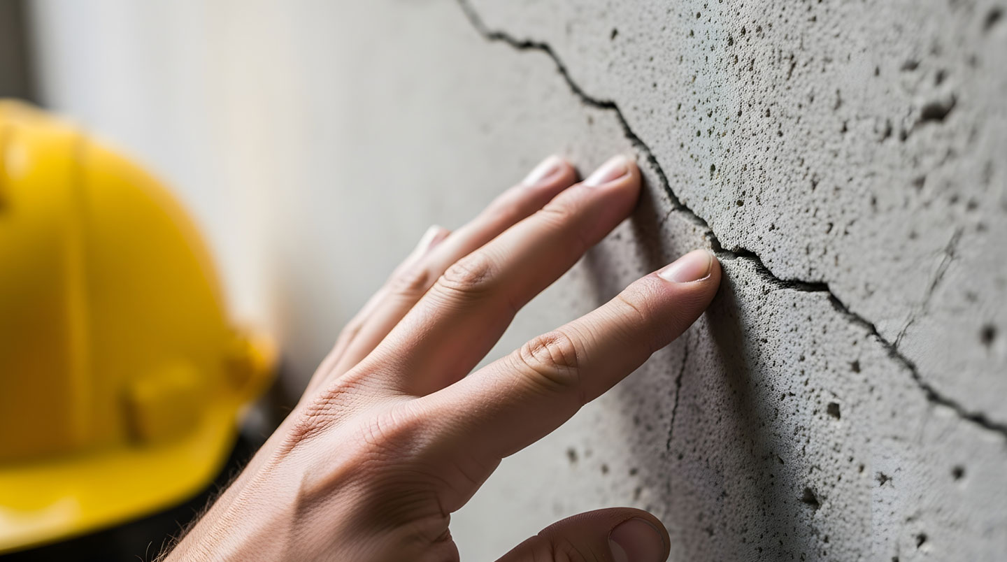 Fissure structurelle verticale dans un mur de fondation en béton d'un sous-sol résidentiel, avec traces d'efflorescence blanche indiquant infiltration d'eau