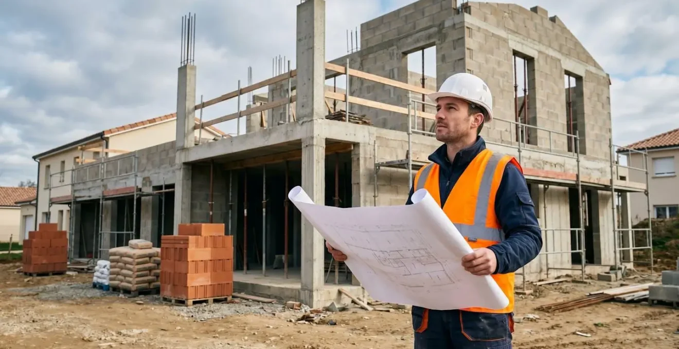 Architecte portant casque de chantier et gilet de sécurité vérifiant la conformité d'une construction en cours avec les plans