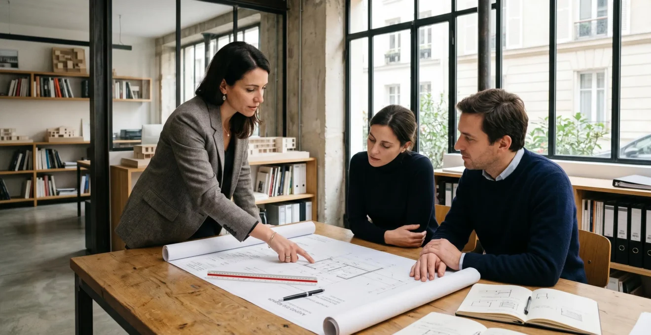 Architecte diplômé en consultation avec des clients autour de plans d'architecture déroulés sur une table de travail dans une agence moderne française