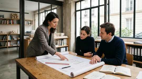 Architecte diplômé en consultation avec des clients autour de plans d'architecture déroulés sur une table de travail dans une agence moderne française