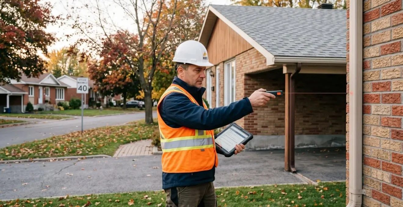 Inspecteur en bâtiment certifié examinant l'extérieur d'un bungalow résidentiel typique de Laval des années 1970, équipé d'une tablette numérique et d'outils de mesure professionnels