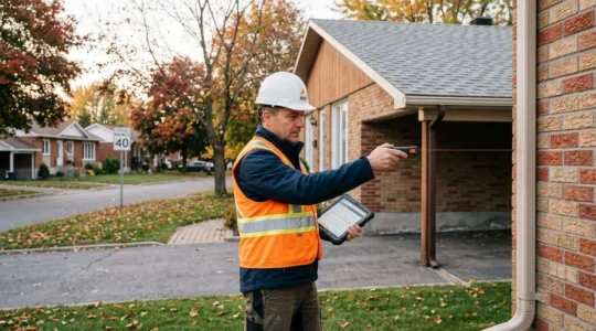 Inspecteur en bâtiment certifié examinant l'extérieur d'un bungalow résidentiel typique de Laval des années 1970, équipé d'une tablette numérique et d'outils de mesure professionnels