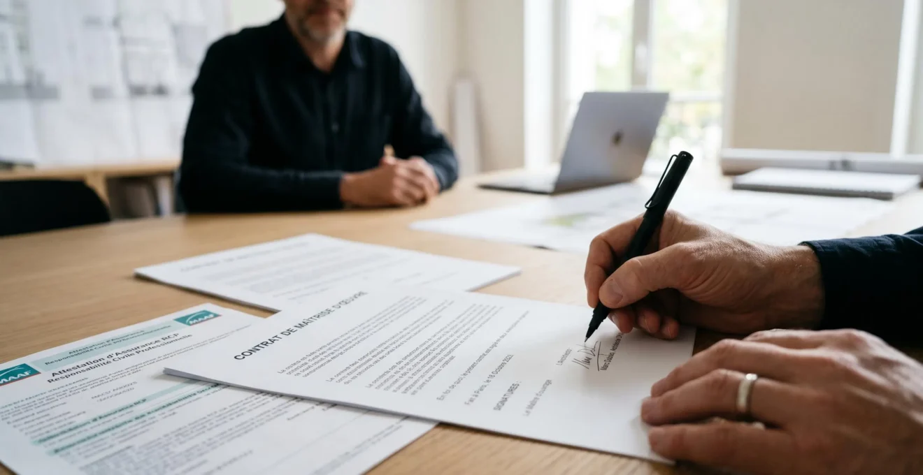 Signature d'un contrat de maîtrise d'œuvre avec attestations d'assurance professionnelle visibles