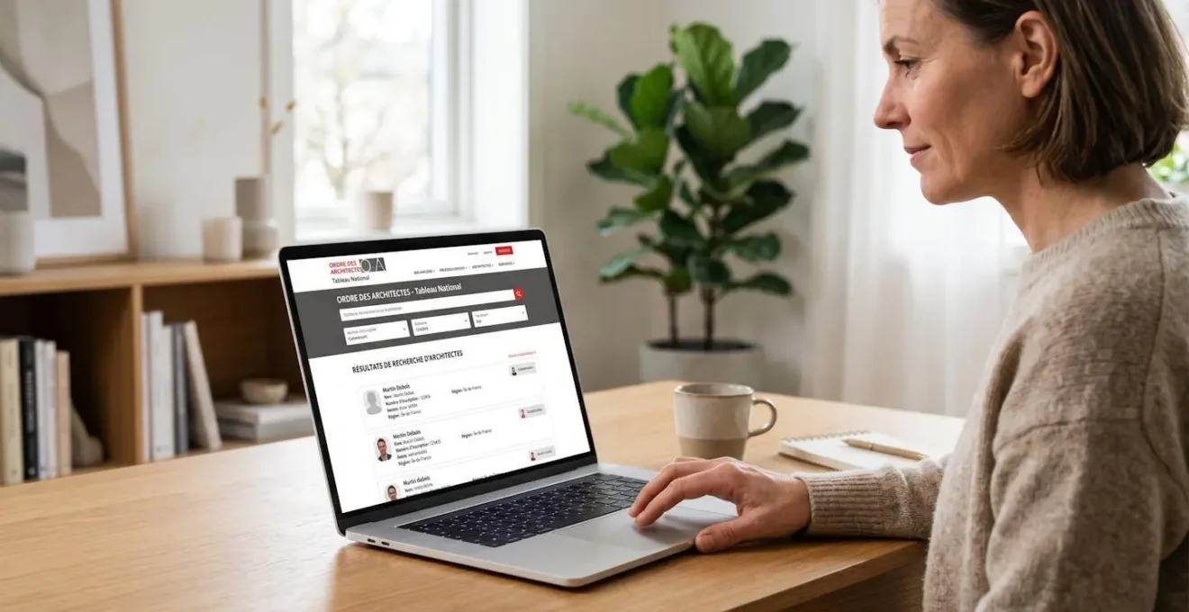Personne consultant sur ordinateur portable le tableau en ligne de l'Ordre des architectes pour vérifier l'inscription d'un professionnel